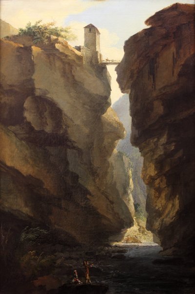 Brücke und Schluchten des Dala-Flusses in Leukerbad, Blick ins Tal von Caspar Wolf